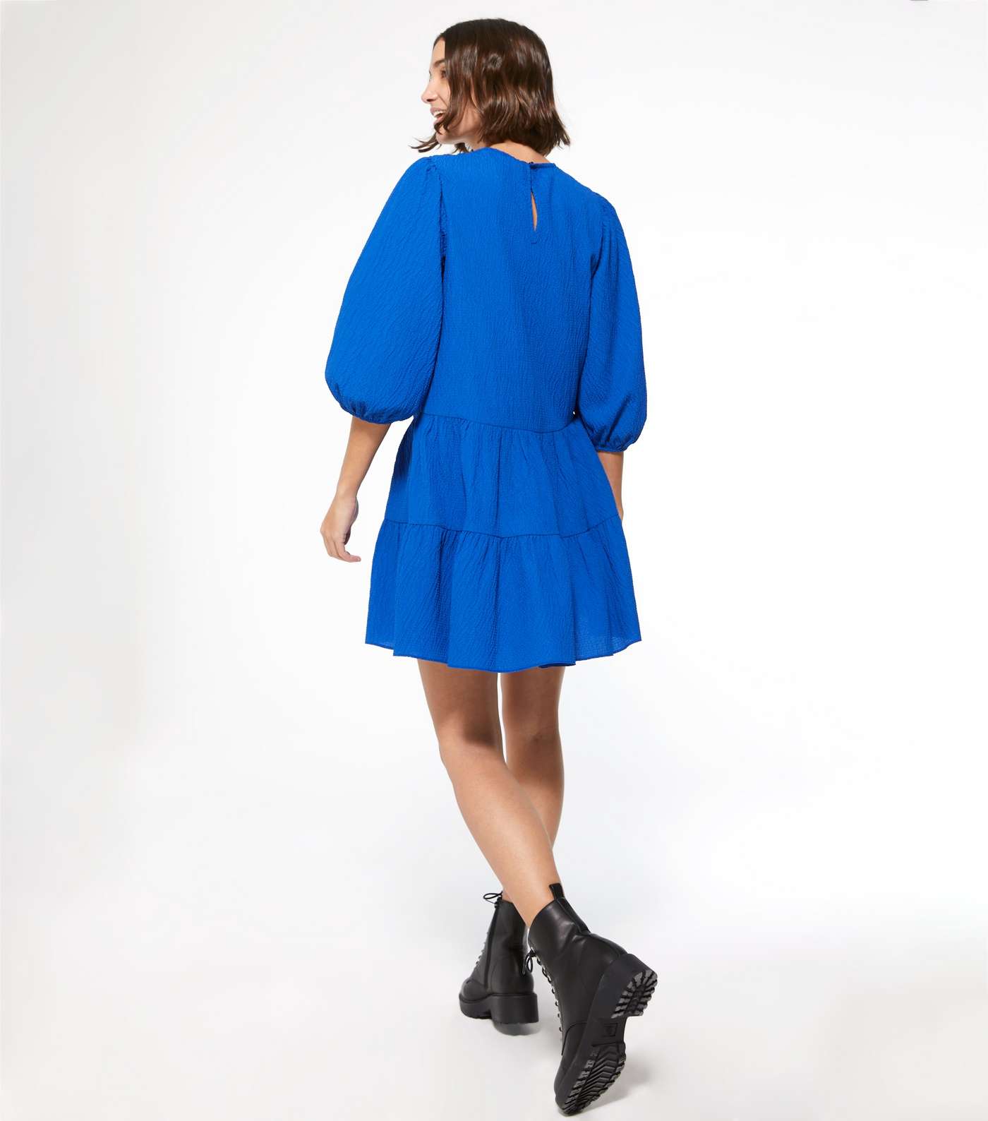 Blue Puff Sleeve Tiered Smock Dress  Image 3
