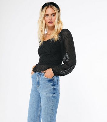 Black Chiffon Spot Peplum Button Up 