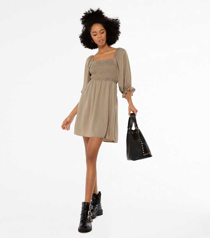 Pale Pink Shirred Square Neck Puff Sleeve Dress