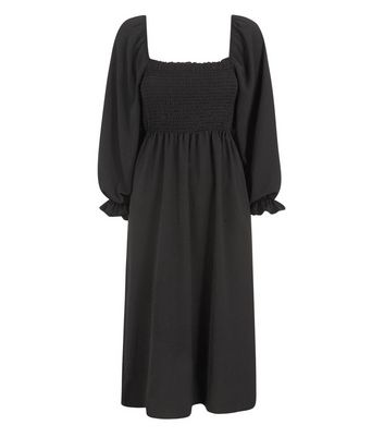Black Shirred Square Neck Midi Dress | New Look