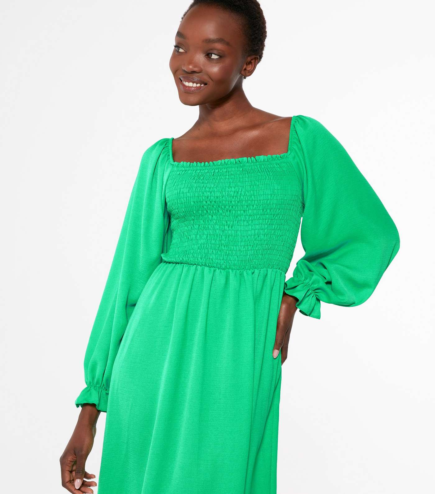 Green Shirred Square Neck Midi Dress  Image 3