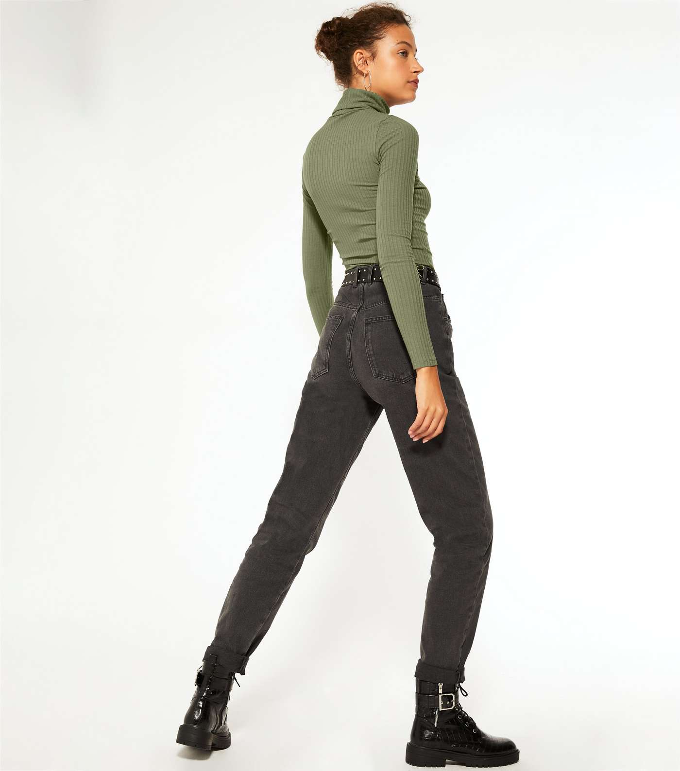 Tall Khaki Ribbed Roll Neck Top Image 3
