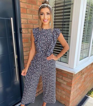 Image of AX Paris Navy Floral Frill Crop Wide Leg Jumpsuit New Look