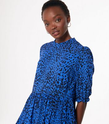 Blue Leopard Print Tiered Smock Dress ...
