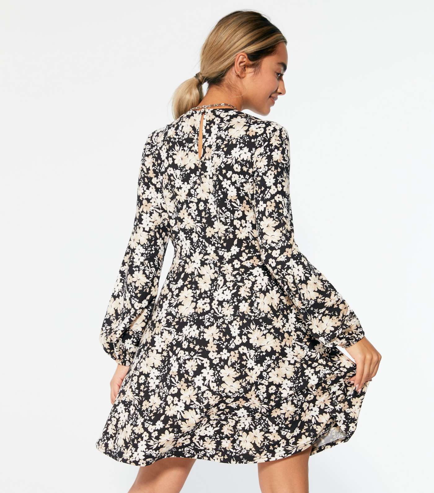 Petite Black Floral Soft Touch Long Sleeve Mini Dress  Image 3