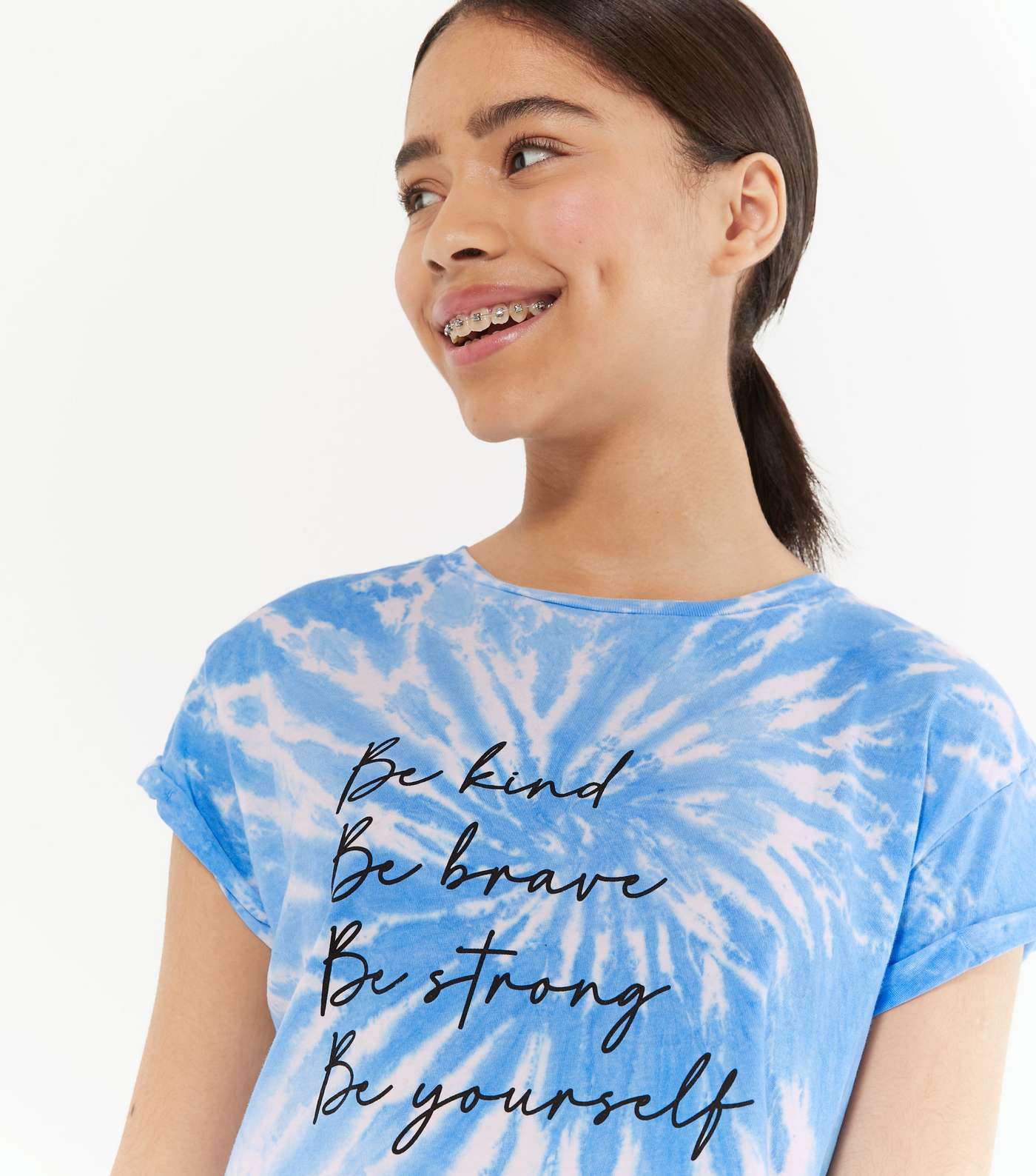 Girls Blue Tie Dye Be Kind Slogan T-Shirt Image 4