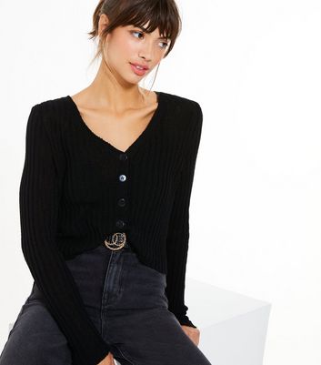 Black Ribbed Knit Button Up Cardigan New Look