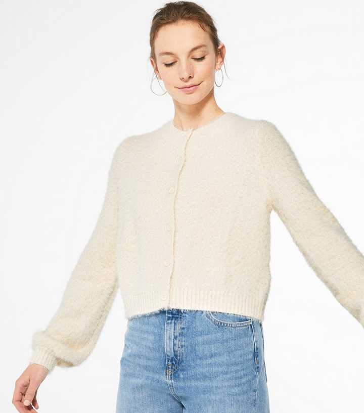 Cream Fluffy Knit Puff Sleeve Cardigan