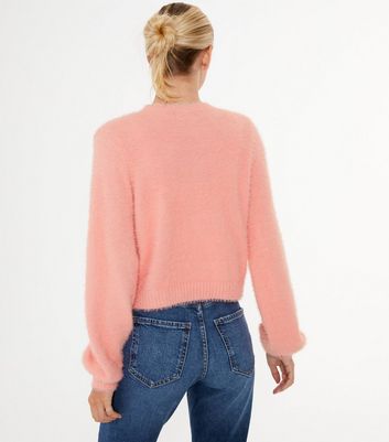 Mid Pink Fluffy Knit Puff Sleeve Cardigan New Look