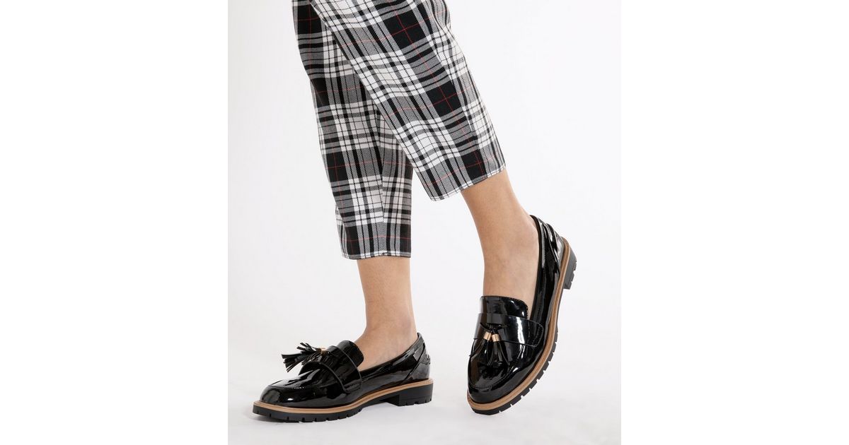 Wide Fit Black Patent Tassel Trim Chunky Loafers New Look