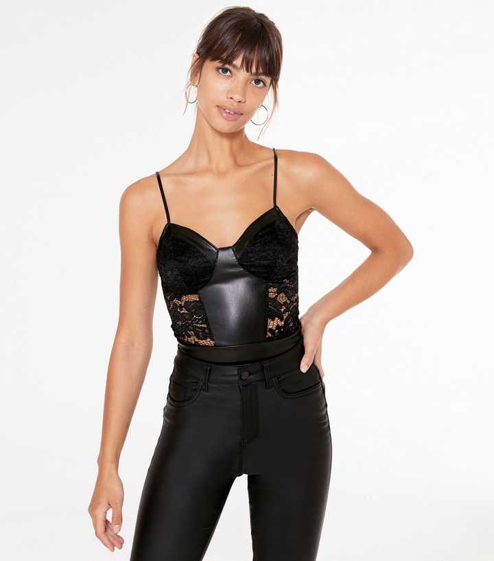 Black Lace and Satin Bustier Strappy Bodysuit