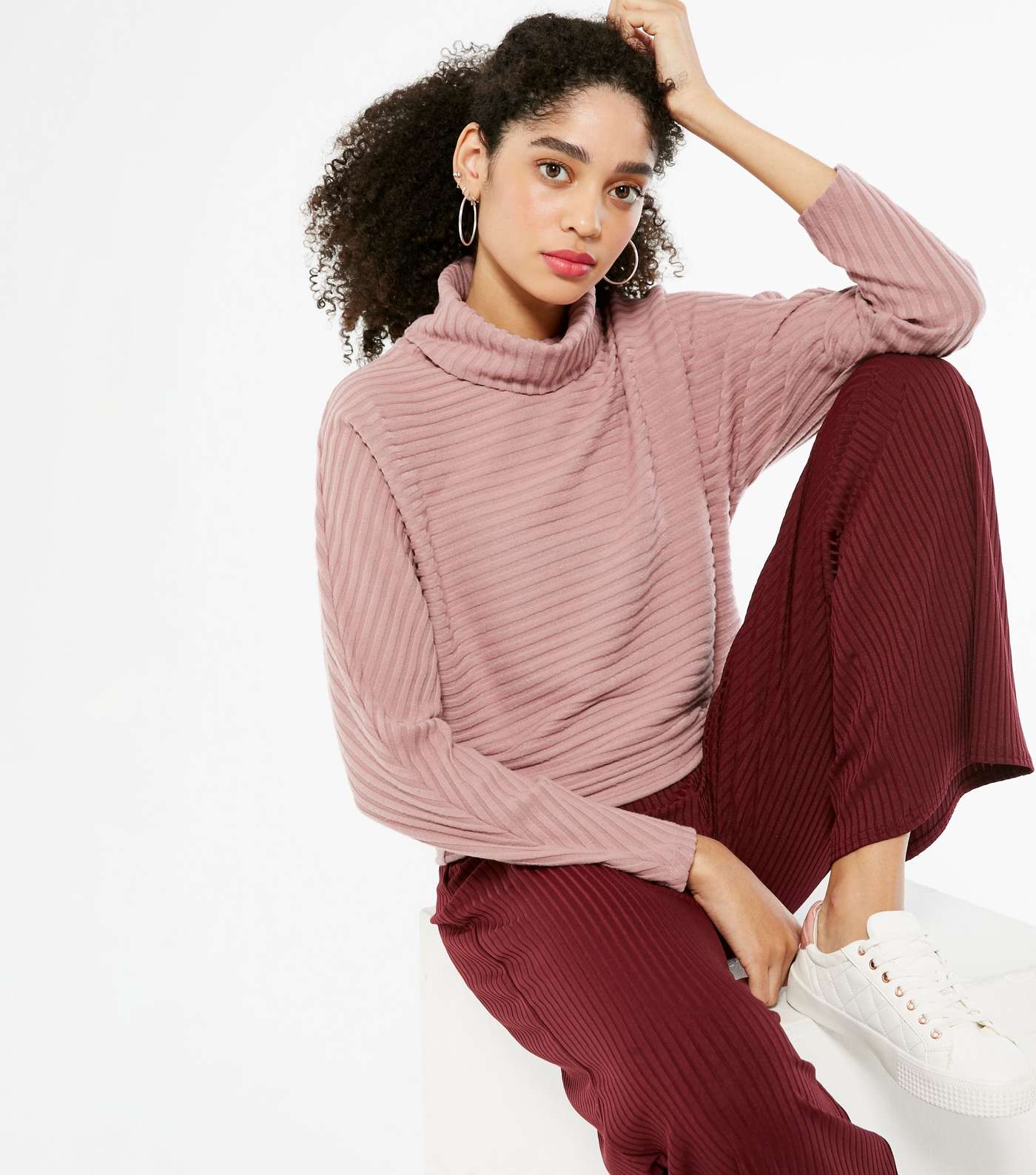 Mid Pink Ribbed Knit Roll Neck Boxy Jumper