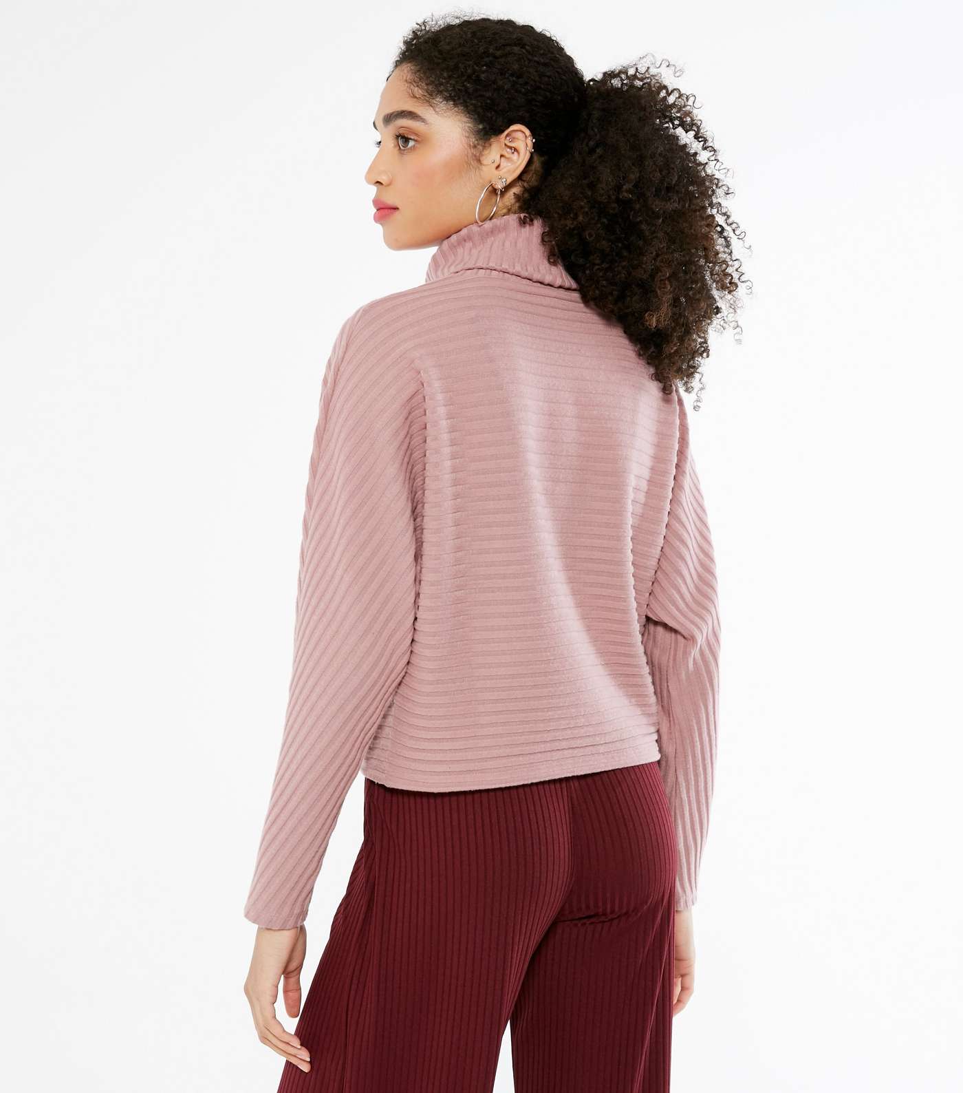 Mid Pink Ribbed Knit Roll Neck Boxy Jumper Image 3