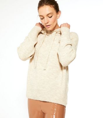 Cream Fine Knit Ribbed Hem Hoodie New Look