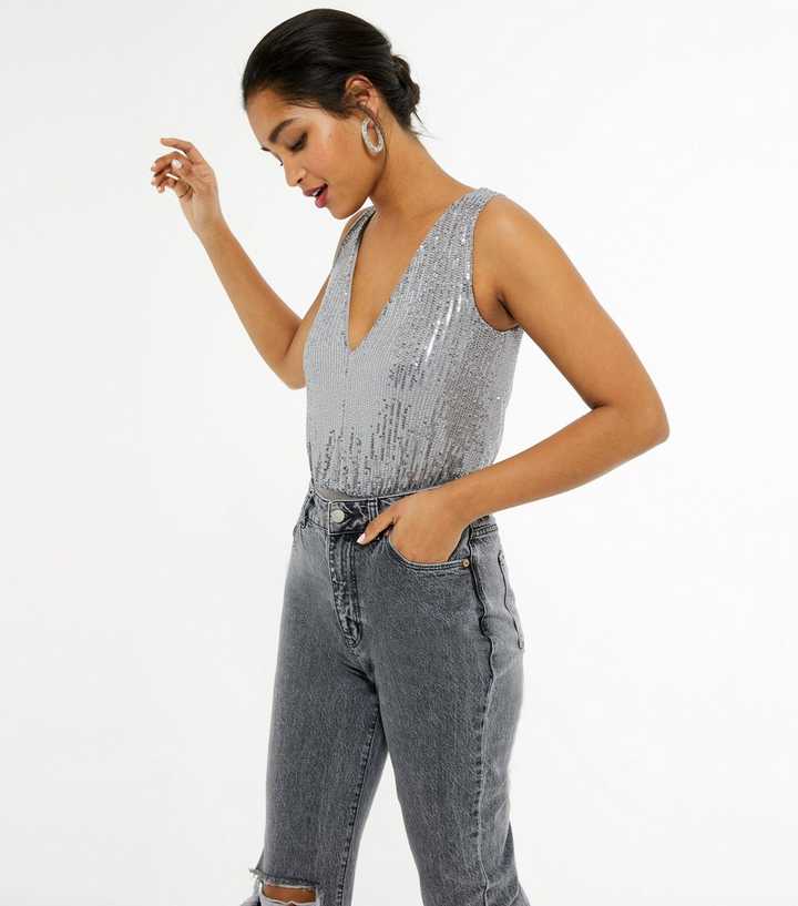 Silver Sequin Tie Back Bodysuit