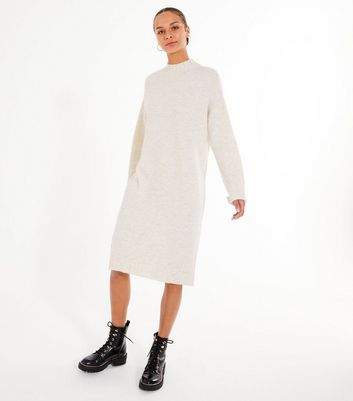 Image of Cream High Neck Oversized Jumper Dress New Look