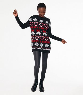 Black Fair Isle Merry Logo Long Christmas Jumper New Look