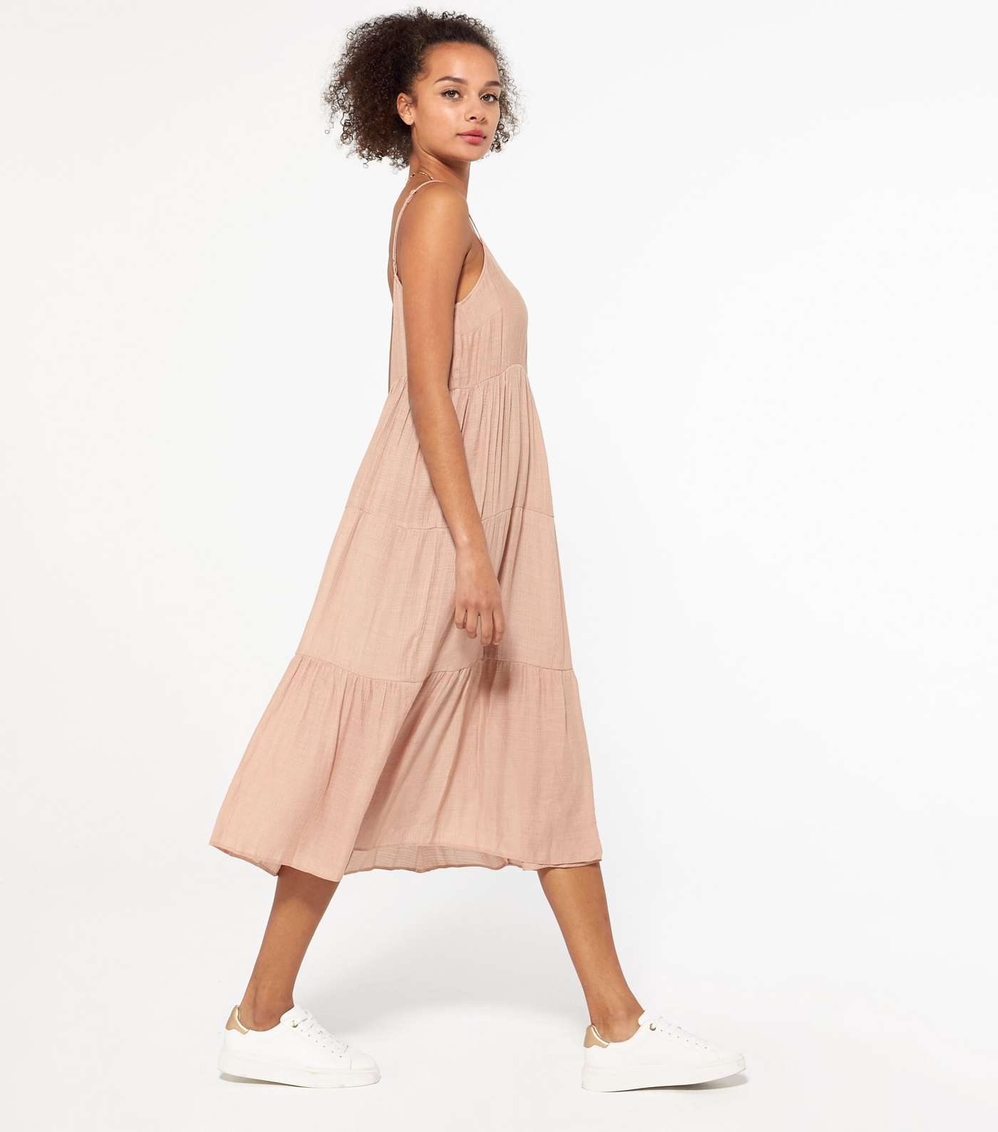 Pink Strappy Tiered Midi Dress Image 2