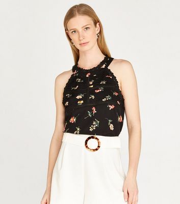 Image of Apricot Black Floral Halterneck Top New Look