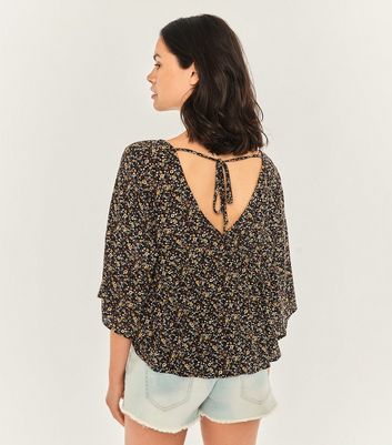 Image of Apricot Black Floral Tie Back Top New Look