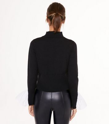 Black high neck 2 in 1 poplin knit top Clearance