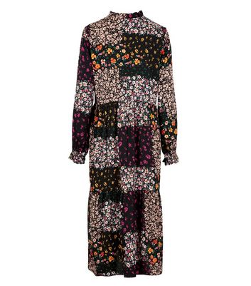 Image of Black Patchwork Floral Tie Neck Midi Dress New Look