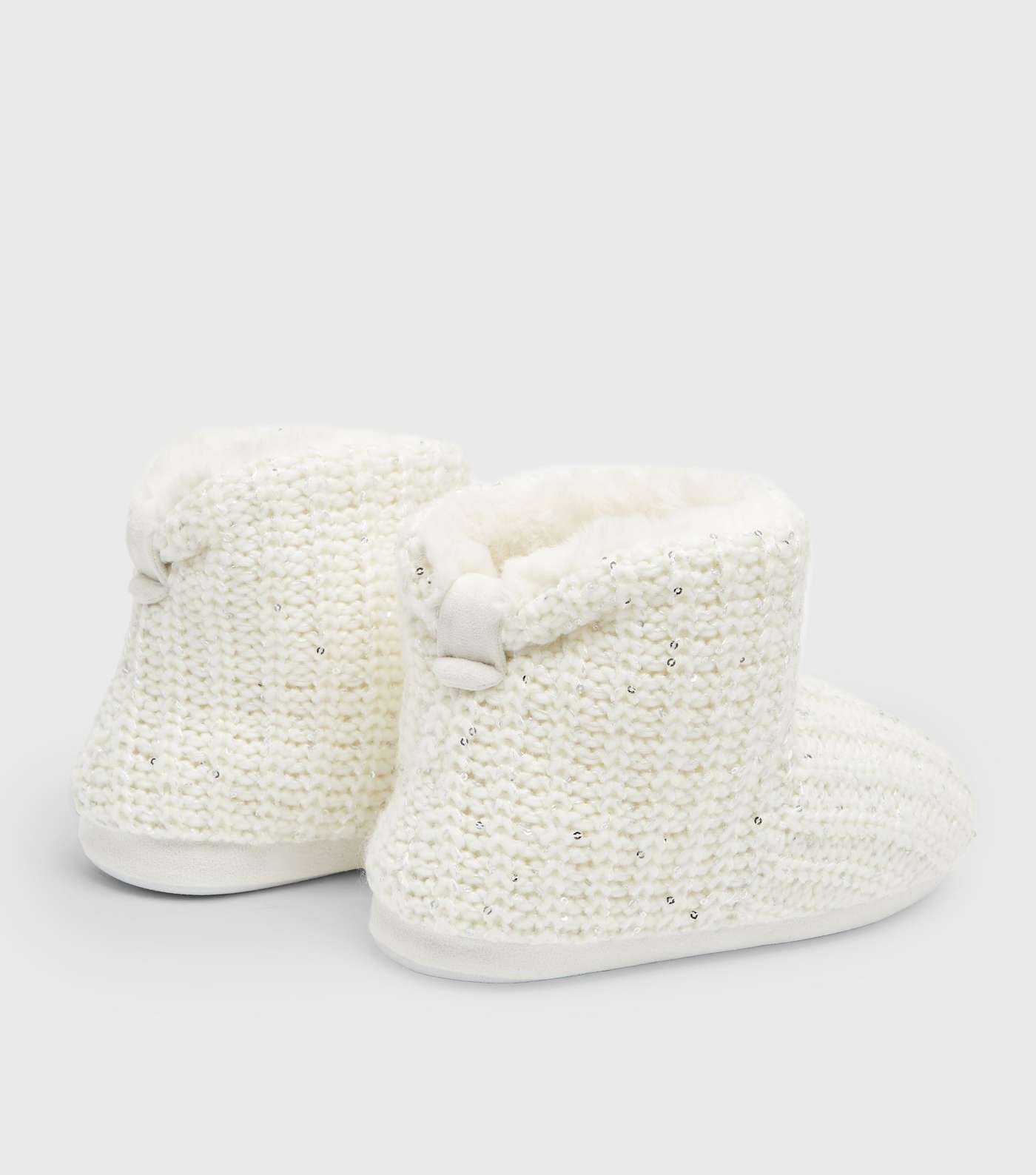 Off White Knit Sequin Faux Fur Lined Boot Slippers Image 4