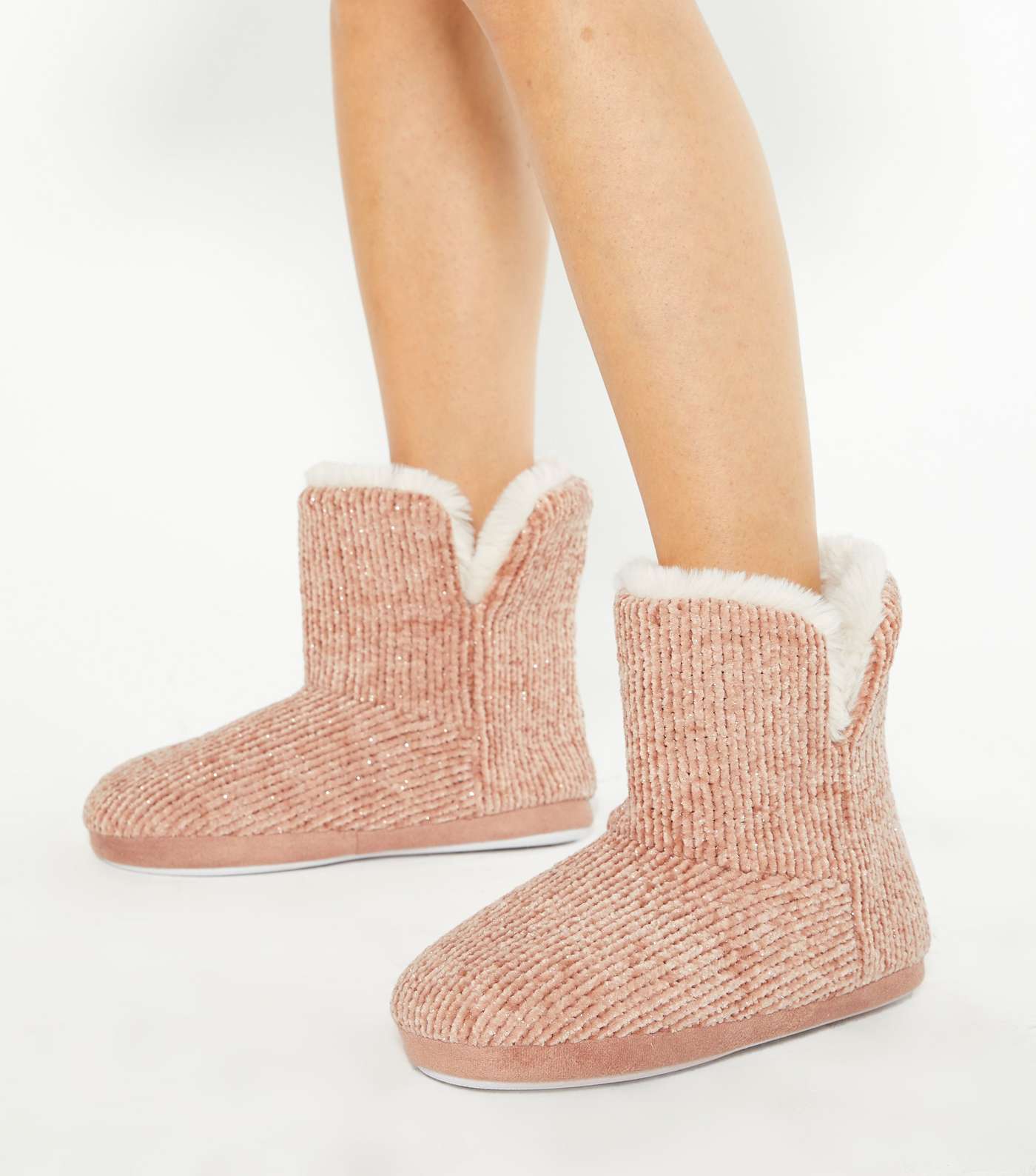 Pink Chenille Faux Fur Lined Boot Slippers