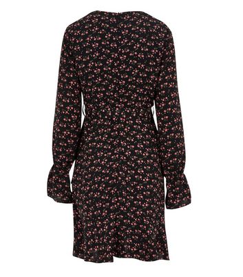 Image of Blue Vanilla Black Floral Ruffle Wrap Dress New Look