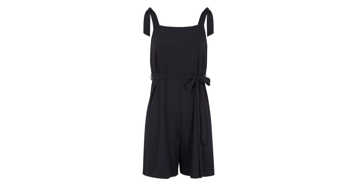 Tall Black Ribbed Jersey Tie Waist Playsuit | New Look