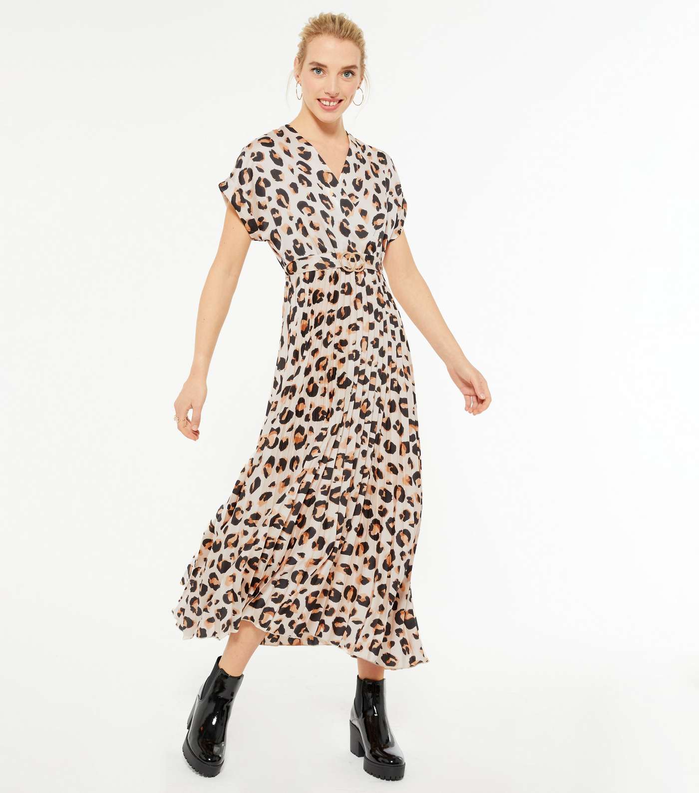Off White Pleated Satin Leopard Belted Midi Dress