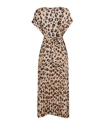 Image of Off White Pleated Satin Leopard Belted Midi Dress New Look