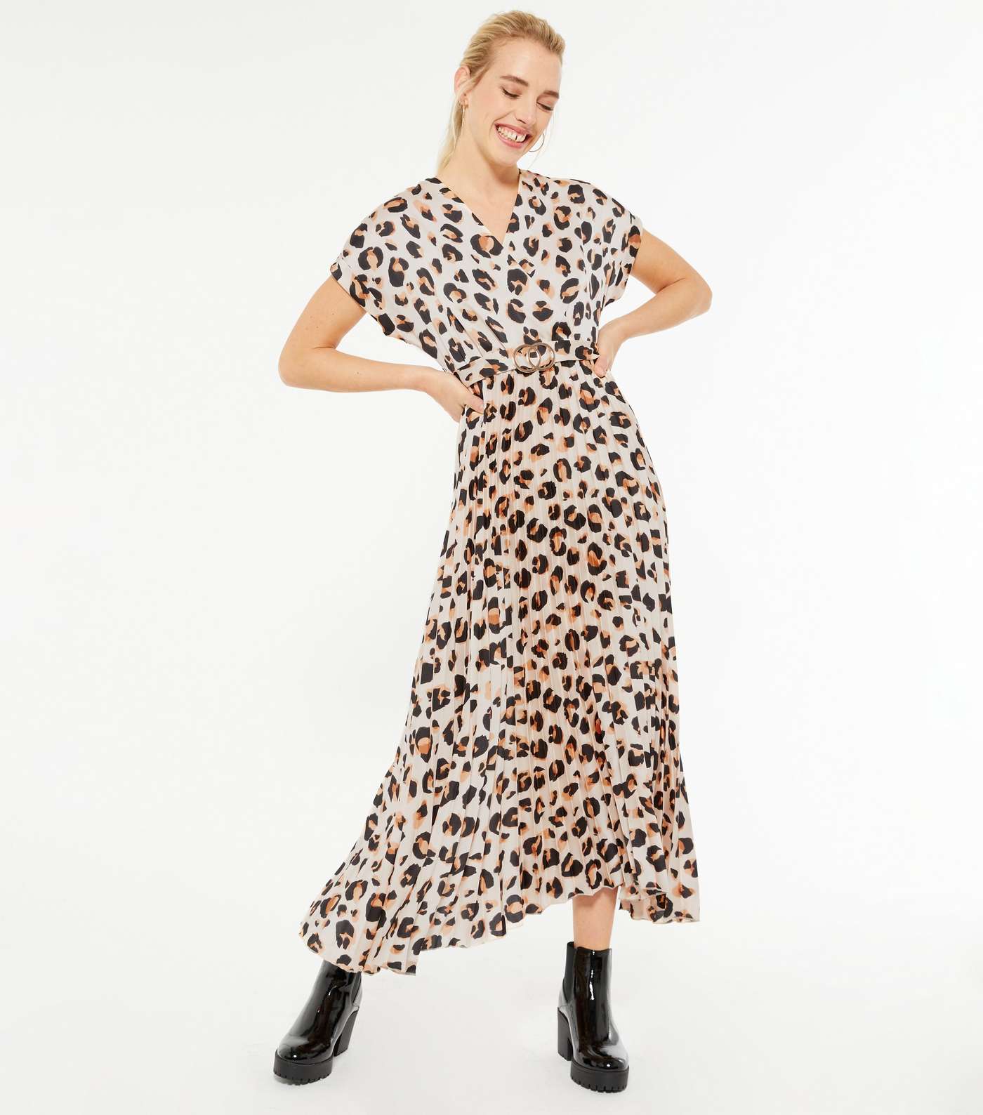 Off White Pleated Satin Leopard Belted Midi Dress Image 3