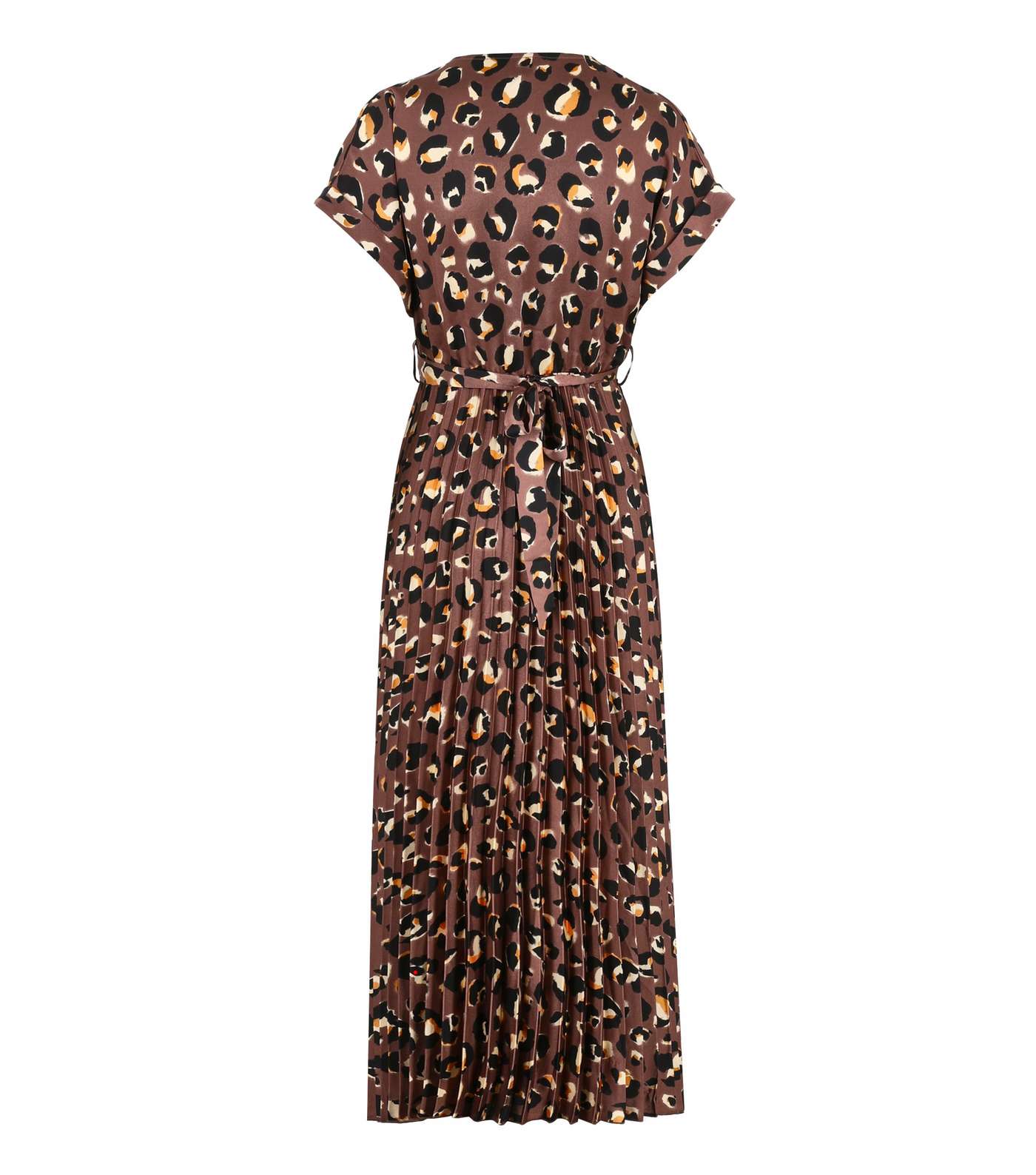 Brown Pleated Satin Leopard Belted Midi Dress Image 2
