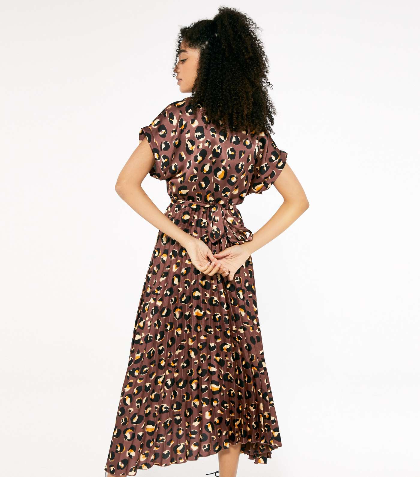 Brown Pleated Satin Leopard Belted Midi Dress Image 4