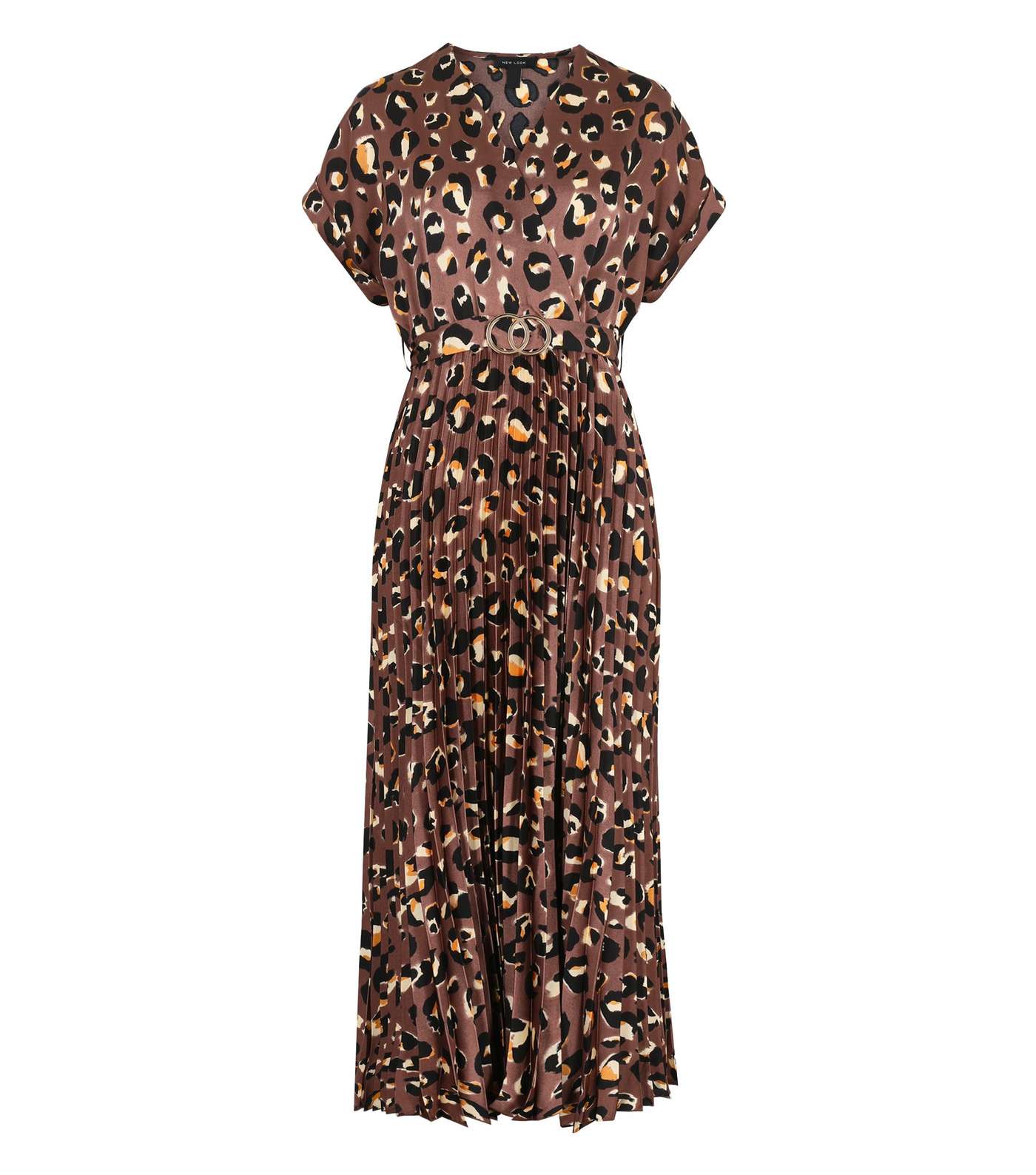 Brown Pleated Satin Leopard Belted Midi Dress Image 6