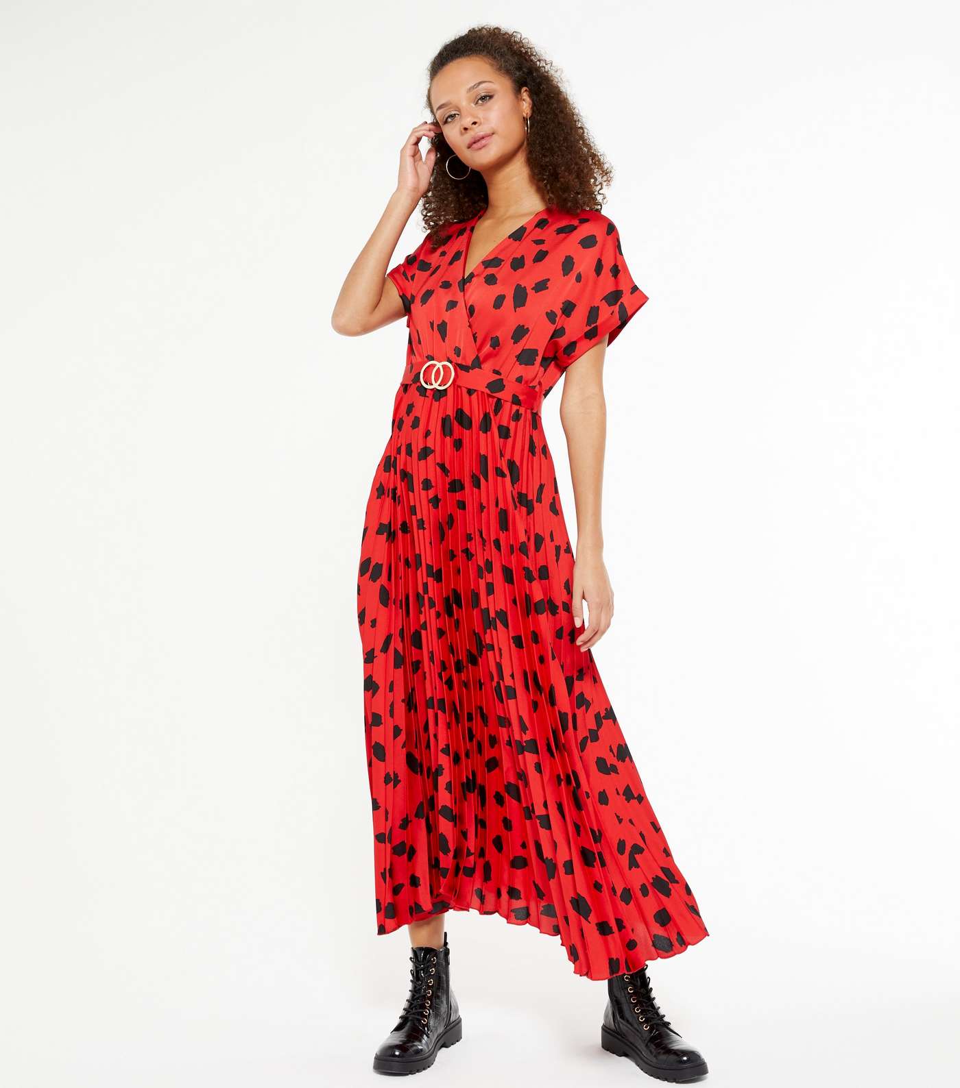 Red Leopard Print Satin Pleated Midi Dress