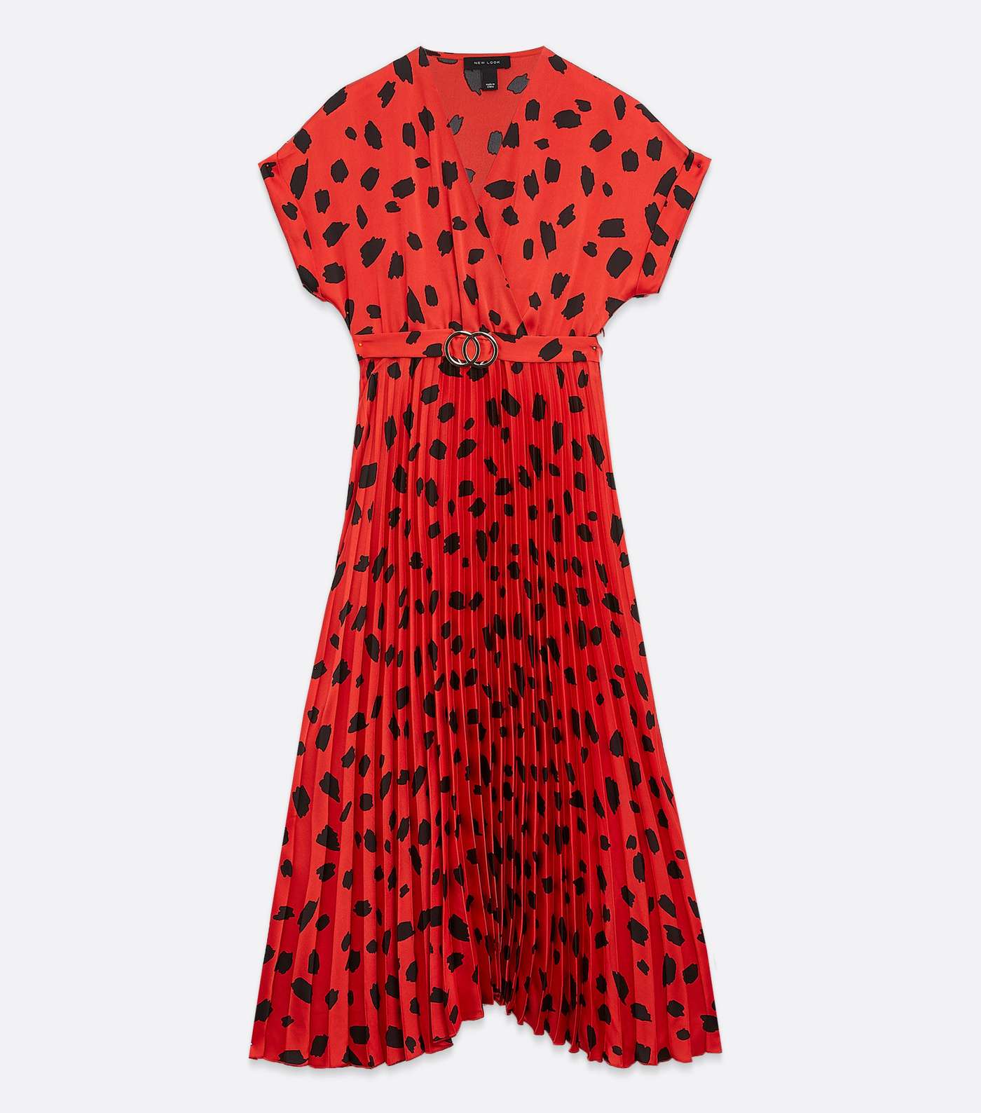 Red Leopard Print Satin Pleated Midi Dress Image 5