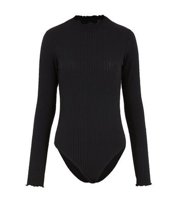 Black Ribbed High Frill Neck Bodysuit | New Look