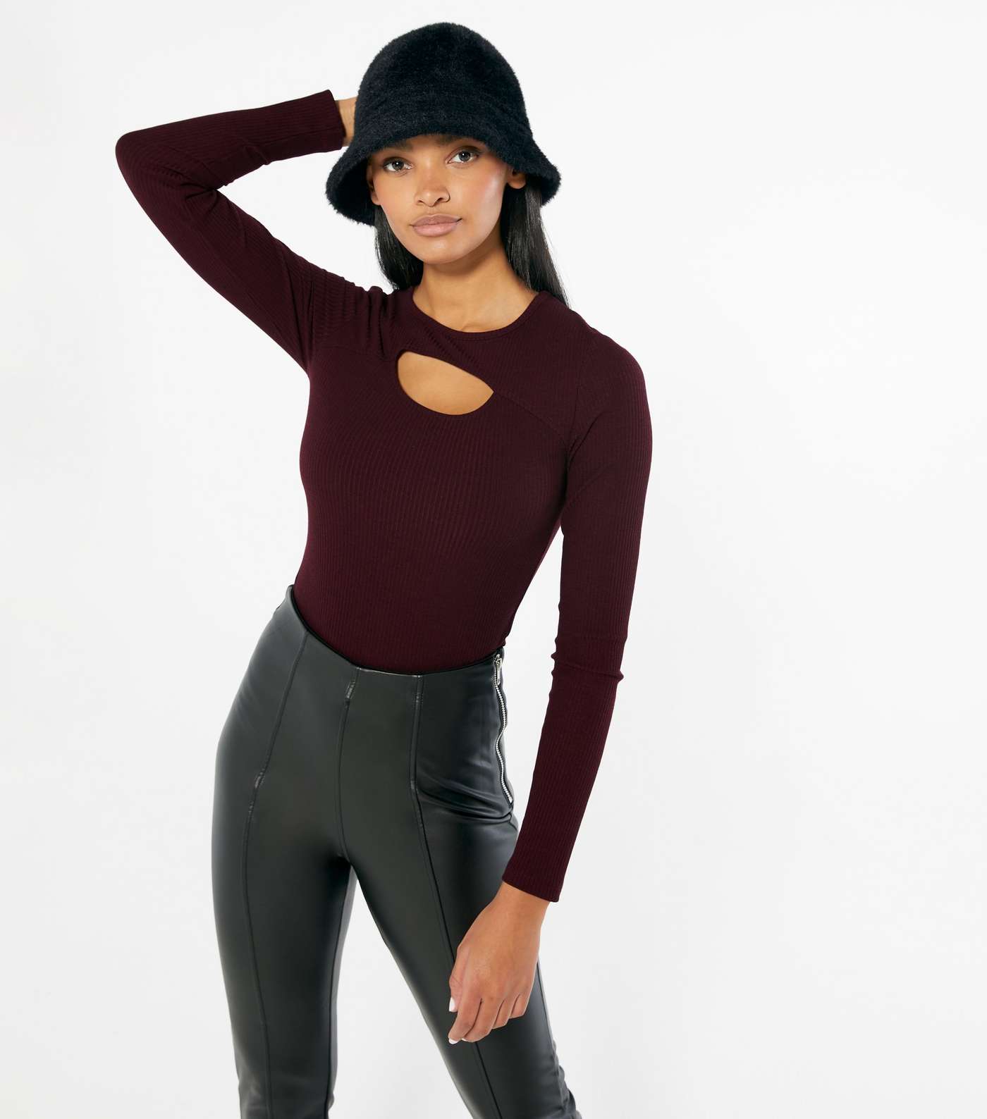 Burgundy Ribbed Cut Out Bodysuit