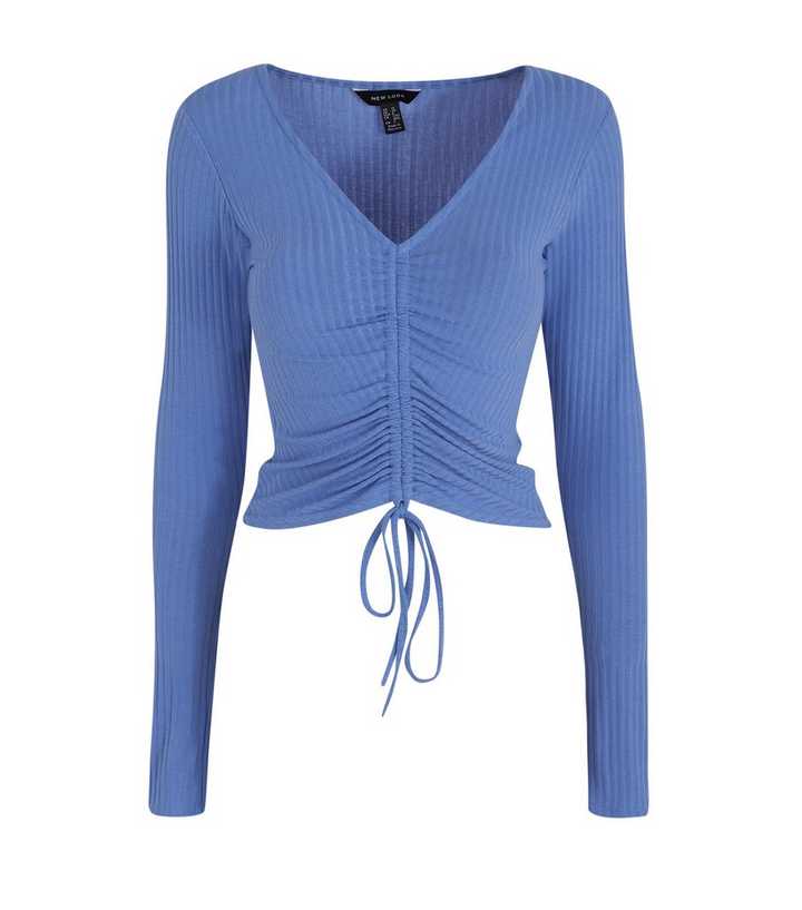 Blue Ribbed Ruched Tie Front Top