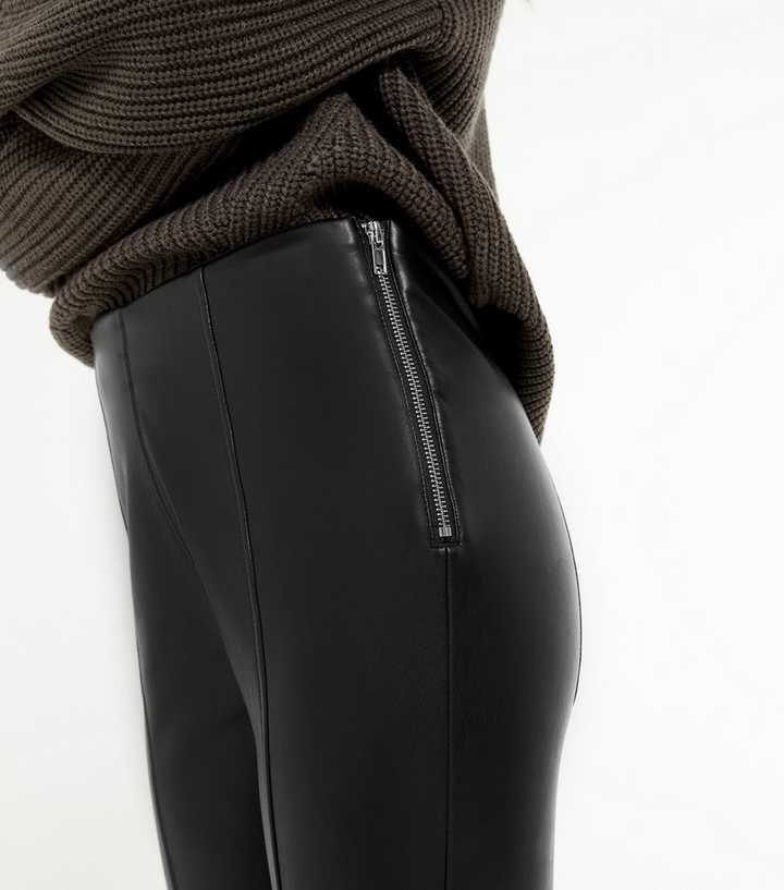 Petite Black Coated Leather-Look Zip Leggings