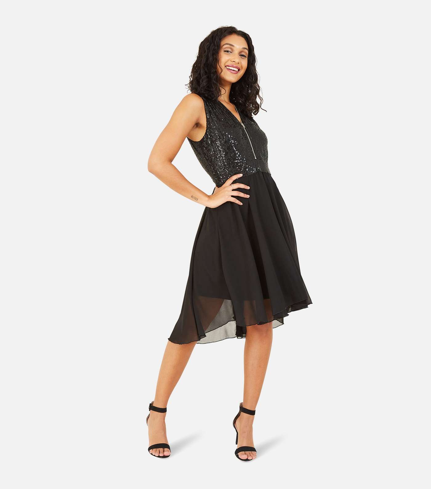 Mela Black Sequin Zip Front Dip Hem Midi Dress Image 2