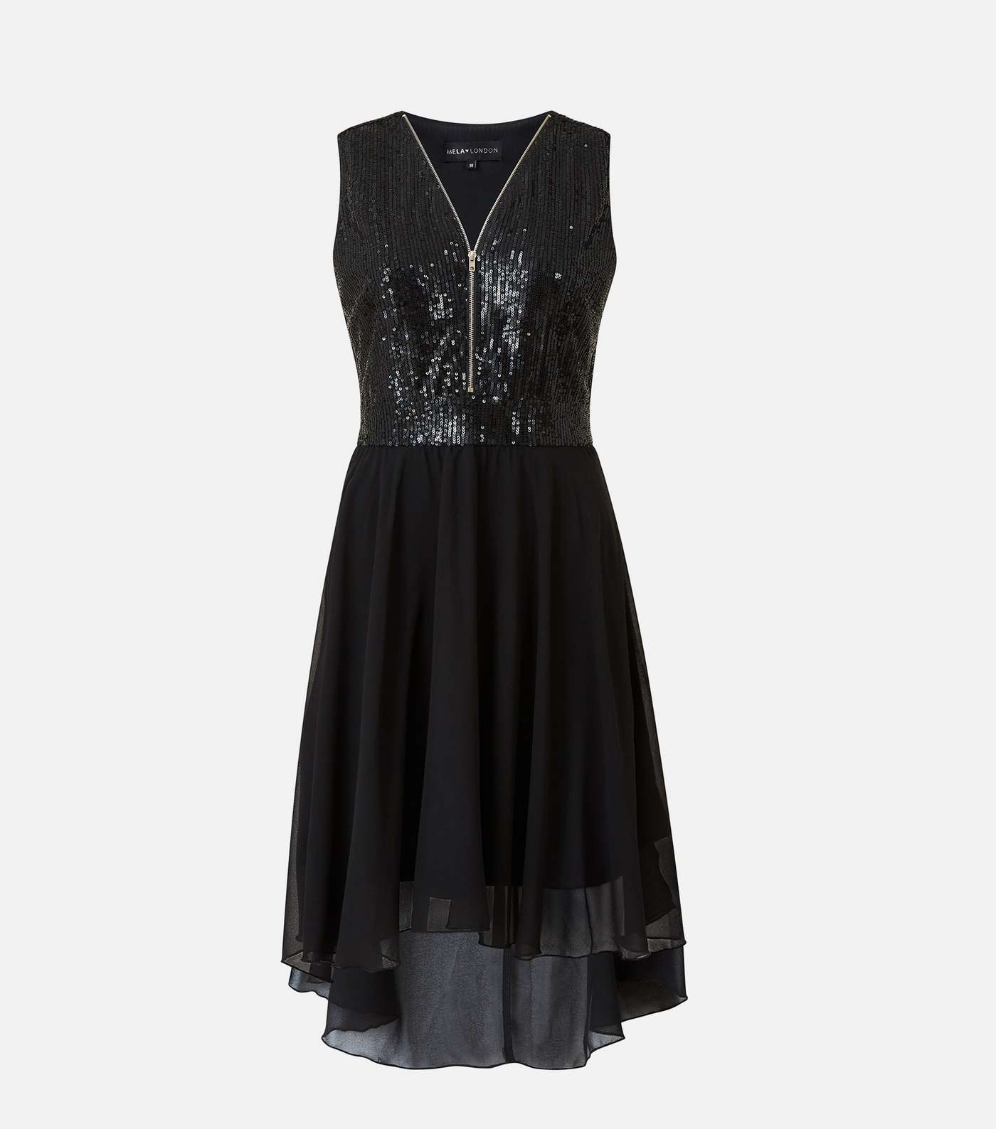 Mela Black Sequin Zip Front Dip Hem Midi Dress Image 4