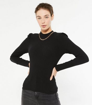 Black Ribbed Shoulder Pad Long Sleeve Top New Look