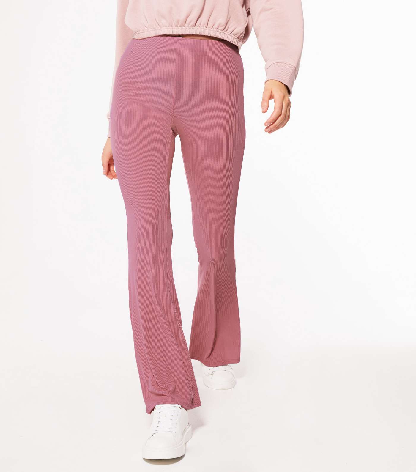 Pink Ribbed Jersey Flared Trousers Image 2