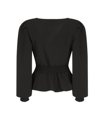 Image of Black Shirred Puff Sleeve Peplum Wrap Top New Look