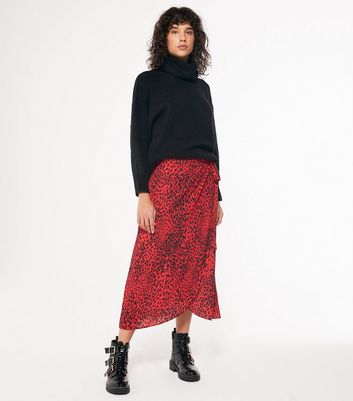 Red Leopard Print Wrap Midi Skirt | New 