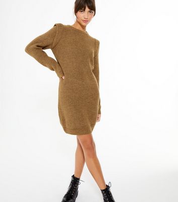 Image of Camel Shoulder Trim Jumper Dress New Look