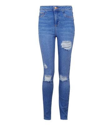 high waisted blue ripped skinny jeans